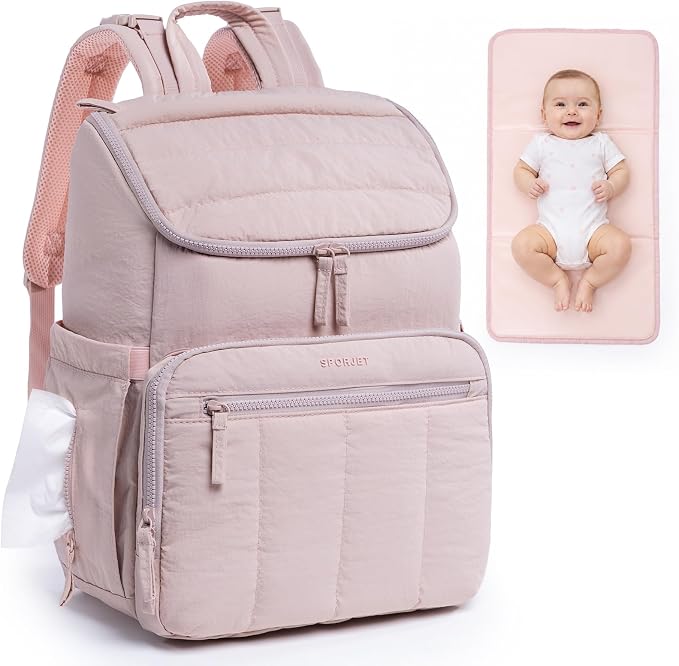 Puffy Diaper Bag Backpack for Mom, Lightweight Quilted Baby Bag with Waterproof Changing Pad, Large Travel Diaper Backpack with Insulated Bottle Pockets, Wipes Pocket, Stroller Straps by SPORJET