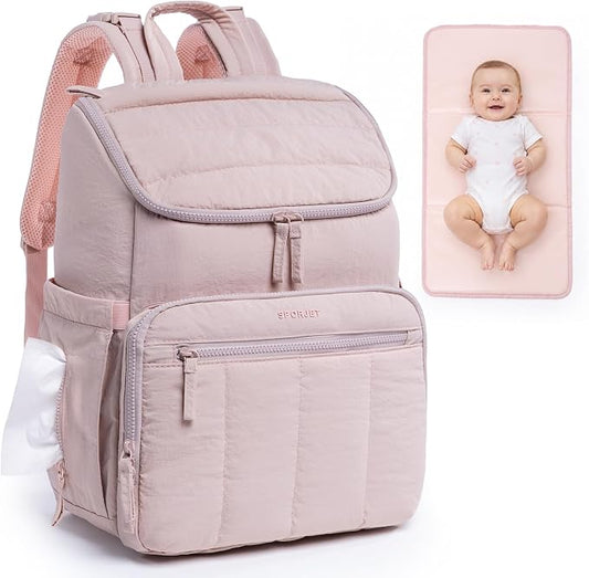Puffy Diaper Bag Backpack for Mom, Lightweight Quilted Baby Bag with Waterproof Changing Pad, Large Travel Diaper Backpack with Insulated Bottle Pockets, Wipes Pocket, Stroller Straps by SPORJET