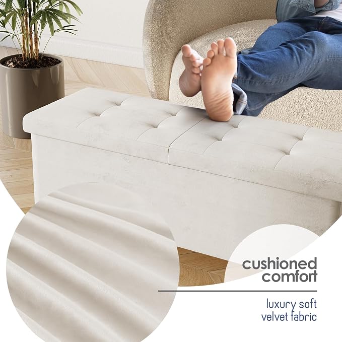 Storage Ottoman Bench with Bins, 43-in Storage Bench for Bedroom End of Bed, Folding Foot Rest Ottoman for Living Room Max 660lbs, Velvet Ottomans, Cream - Image 7