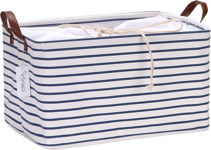 Hinwo 31L Large Canvas Storage Bin with Lid and Handles | Collapsible Fabric Basket, Closet Shelf Organizer, Container for Clothing, Blankets, Toys, Bedding (Navy Stripe) by Hinwo