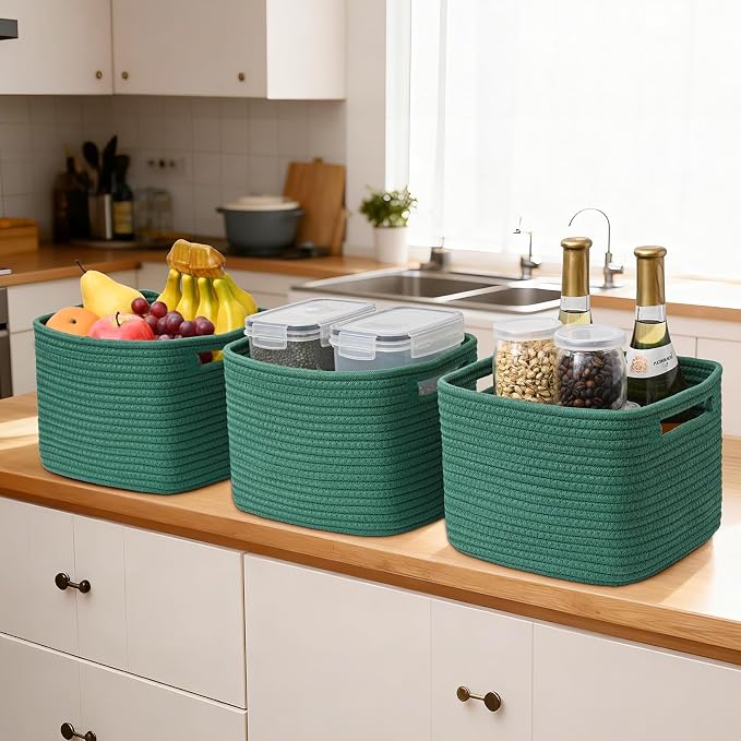3 Pack Cube Storage Bin, 9”x9”x7” Cotton Rope Woven Baskets for Organizing Toys Clothes Towels, Square Gift Storage Baskets for Shelves, Nursery, Closet, Bathroom, Pantry (Green) - Image 6