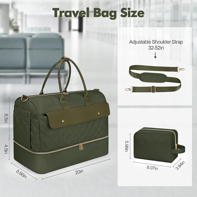 Travel Duffel Bag, Large Weekender Bag for Women with Shoe Compartment, Carry on Overnight with Toiletry Makeup Bag for Travel Gym Camping Hospital, Green - Image 4