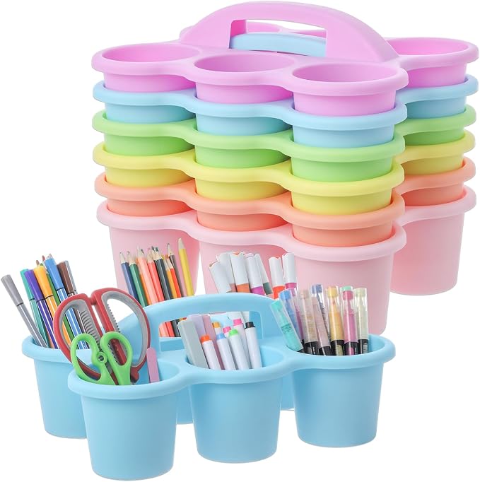 6 Pack Classroom Caddy Organizer with Handle, 6 Compartments, Pastel | Stackable Plastic Table Caddies, 12x9x3.5 In, caddy Organizer for School Supplies, Crayons, Pencils, Crafts and Drink Cups by gisgfim