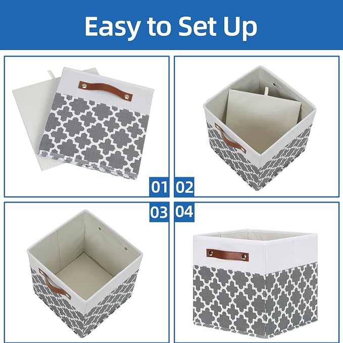 Temary 11x11x11 Cube Storage Bins Cube Organizer Bins 4 Pack Canvas Storage Bin for Home, Cube Storage Basket with Leather Handles(Grey Lattice) - Image 7