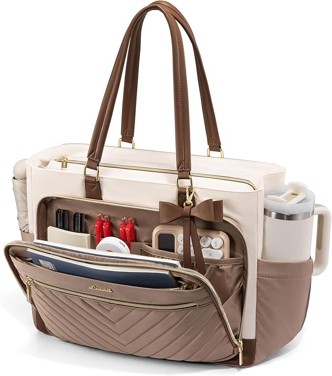 LOVEVOOK Laptop Tote Bag for Women, Work Bag Teacher Tote with Large Cup Holder, Quilted Nurse Diaper Bag for Travel, College Computer Women's handbags for Teacher gift, Khaki-beige-coffee, 15.6 Inch by LOVEVOOK