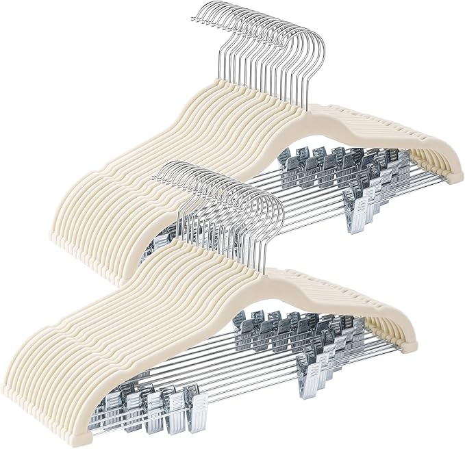 36-Pack Beige Velvet Hangers with Clips Adjustable,Adult Hangers,Heavy-Duty,Felt,Non-Slip,Space Saving,Slim Outfit Hanger for Pants, Skirts, Suits,Coats, Dresses ect. by Uilmart