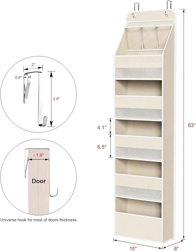 Univivi Over the Door Organizer for Baby Nursery, Beige Pattern, 6-Shelf | Door Storage with Large Capacity Breathable Mesh Pockets, Fabric Over Door Organizer for Baby Essential, Bedroom and Dorm - Image 3