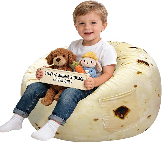 Lukeight Stuffed Animal Storage Bean Bag Chair Cover for Kids, Velvet Plush Toy Organizer Seat, Cover Only, No Filling Included, Long YKK Zipper, Side Pocket, Large 27"D x 16"H by Lukeight