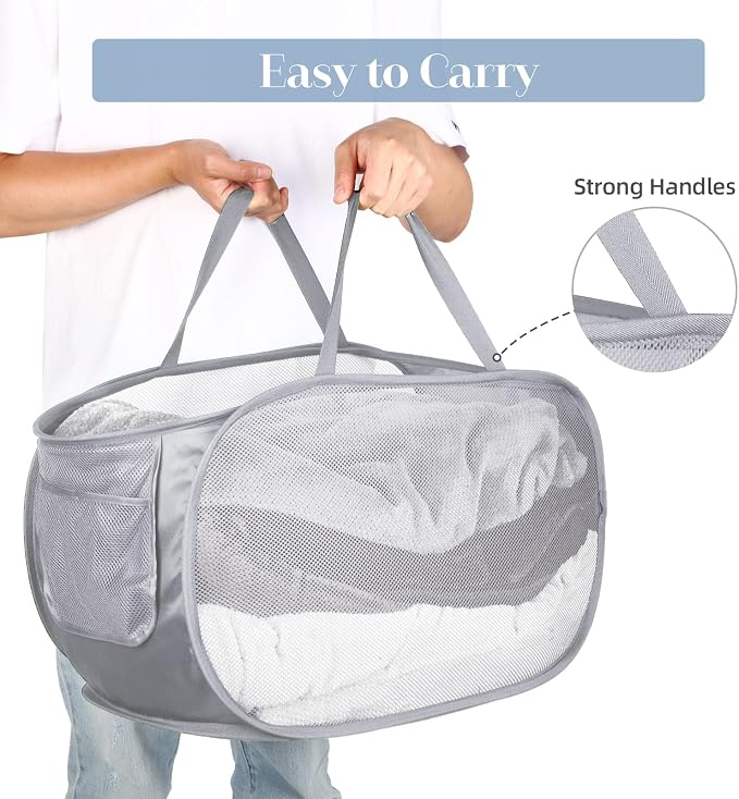 Durable Collapsible Laundry Baskets, Mesh Pop Up Laundry Hamper with Side Pocket, Foldable Clothes Storage Hamper with Reinforced Carry Handles for Laundry, Bathroom, Kids Room, Dorm or Travel Grey - Image 5
