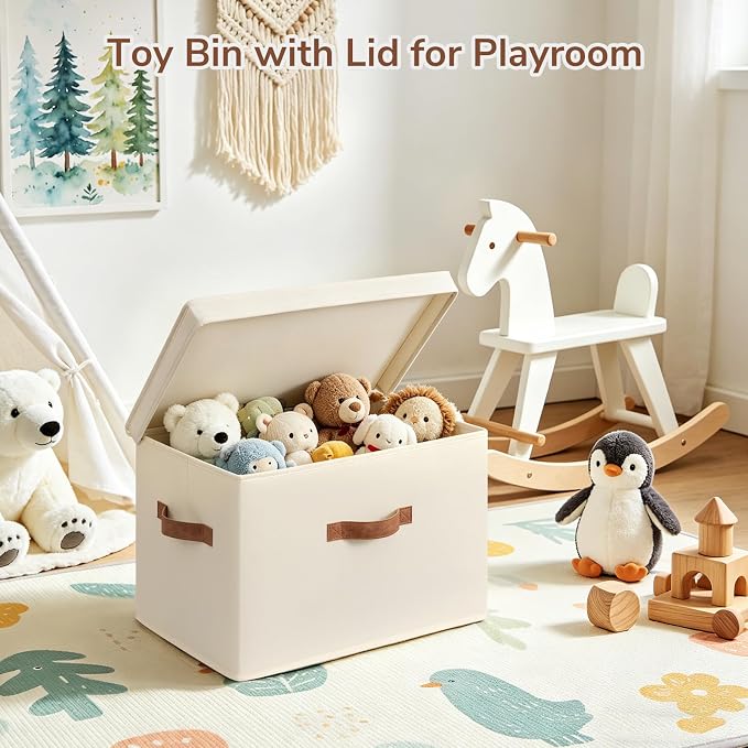 CHICVITA 4-Pack Large Fabric Storage Bins with Lids for Shelves, Ivory | 17.1" x 11.2" x 11.6" Decorative Storage Boxes with Handles for Clothes Fit Closet, Toy Box with Support Plate for Playroom - Image 6