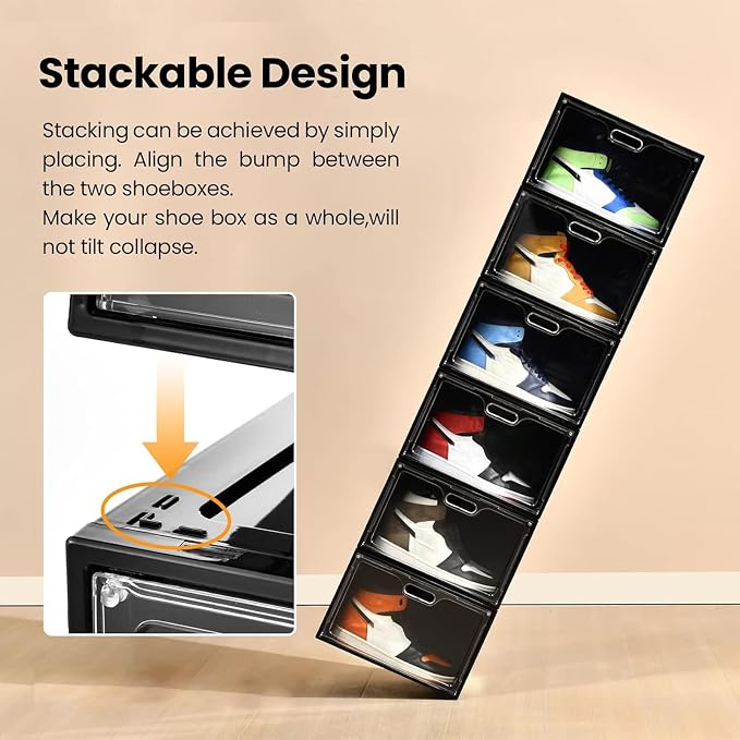 8 Pack Drop Side Shoe Boxes, Large Stackable Shoe Storage, Thick Plastic | Sneaker Storage with Magnetic Door, Shoe Organizer for Closet, Sturdy Shoe Containers, Sneaker display Case Fit up to Size 13 - Image 4