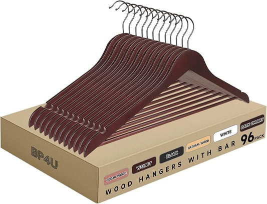 Wooden Clothes Hangers with Pants Bars, Mahogany, 96-Pack | Heavy Duty Solid Wood Suit & Coat Hangers with Swivel Hook & Shoulder Notches, for Shirts, Jackets, Dresses & Trousers by BP4U%E2%84%A2