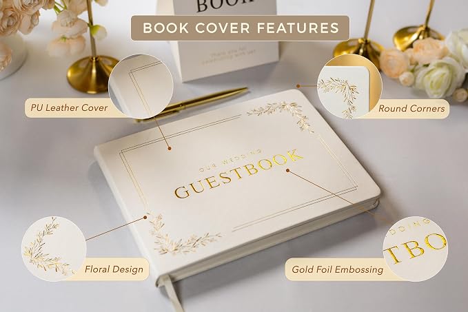 Floral Embossed Wedding Guest Book Set - 9 x 7.5 Hardcover Guestbook for Wedding Reception Sign in, Messages, Bridal Shower Engagement Party (White Cream) - Image 3
