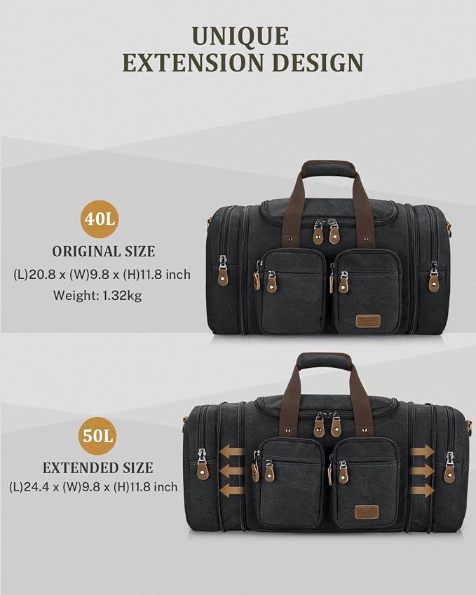 Gonex Duffle Bag for Travel, Expandable 50L Overnight Weekender Gym Bag | Water-Resistant Canvas, Wet-Dry Pocket, Luggage Sleeve, Carry-On Size, Detachable Strap, Dark Grey - Image 3