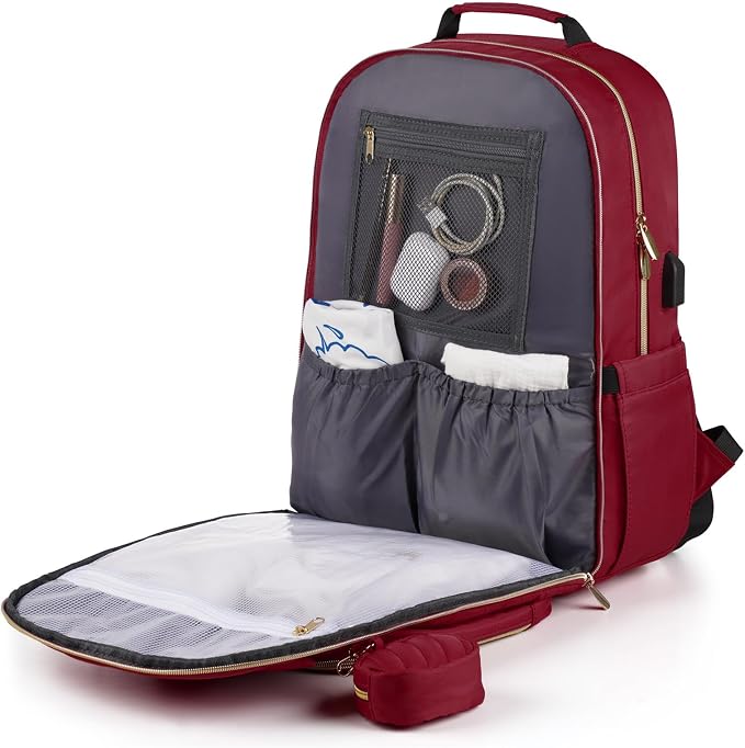 Diaper Backpack for Women Large Capacity with Insulated Pockets Diaper Bags For Baby,Burgundy - Image 6