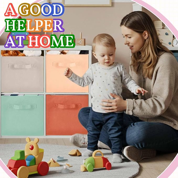 Yinder 6 Pcs Cube Storage Bin 10.5''x10.5''x11'' Storage Bins for Playroom Decor Colorful Bins for Kids Foldable Baskets for Nursery Organizer Boxes Fabric Boxes (Pastel Colors) - Image 6