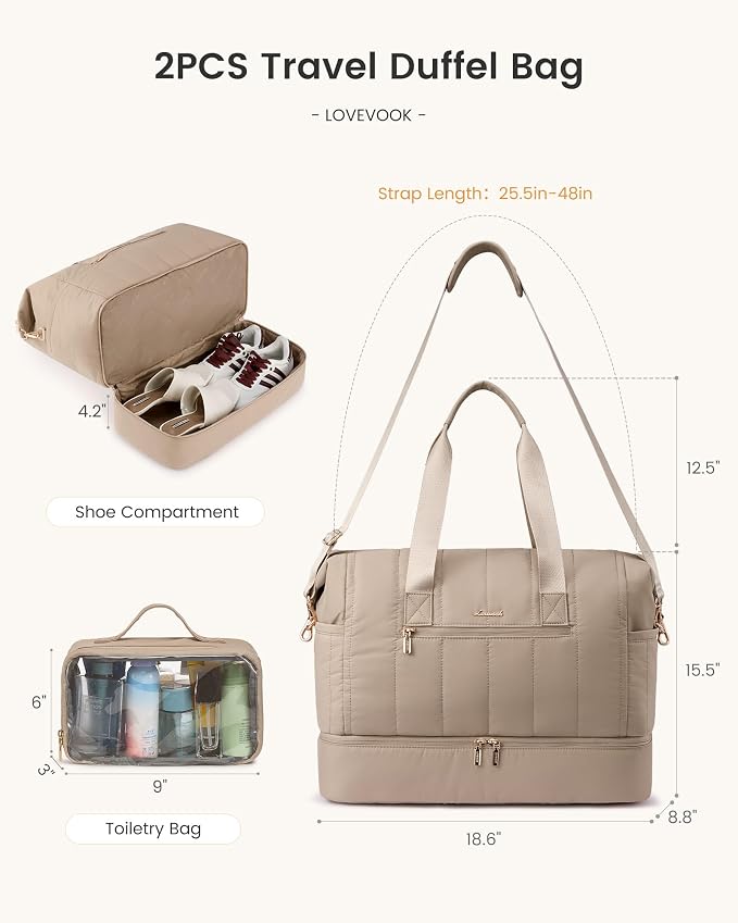 LOVEVOOK Travel Duffle Bag Women,Weekender Hospital Bag for Labor Delivery | Shoe Compartment, Puffer Carry On Duffel Bags For Airplanes,Overnight Bag With Toiletry Bag, 42L,2Pcs Set - Image 2