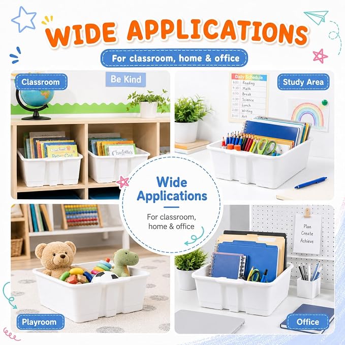 6 Pack Plastic Book Bins Stackable Classroom Cubby Organizer, White | Scoop Front Storage Bins, Cubby Bins with Handles for School Library Office Home Nursery Playroom Organization - Image 6