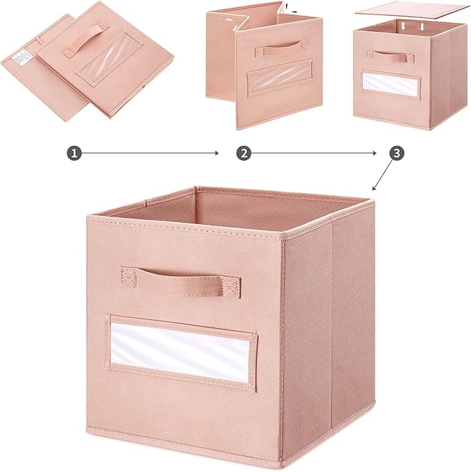 Fabric storage cubes (Set of 8) 11 Inch Cube Storage Bin, Cube storage with 8 Labels Window Cards & a Pen, Foldable cube organizer bins,11x11 Storage bin, Cubby Organizer Boxes, Pink - Image 4