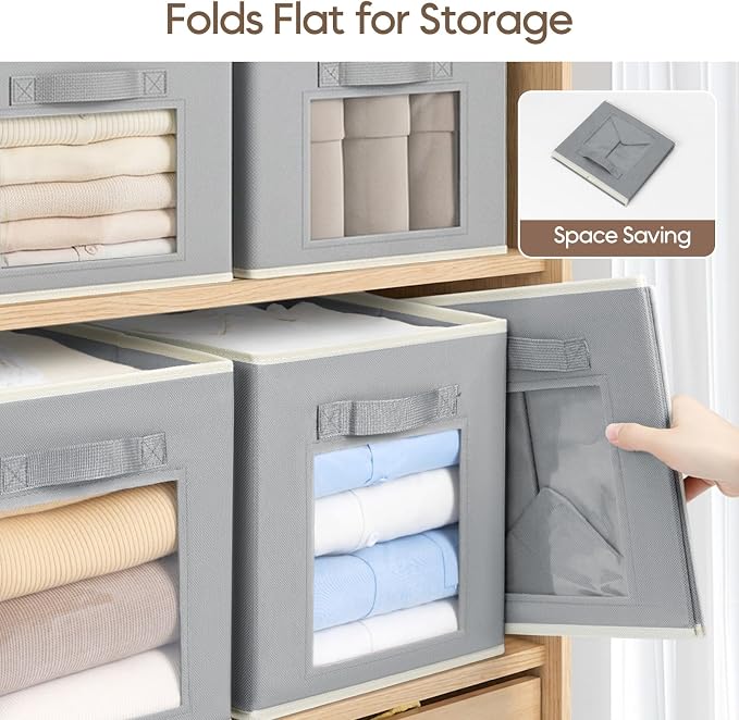 Storage Cube 11 Inch - Cube Storage Bins with Window, Closet Storage Baskets with Handle, Fabric Bins for Closet, Shelves, Toys, Clothes, Set of 6, Grey - Image 8