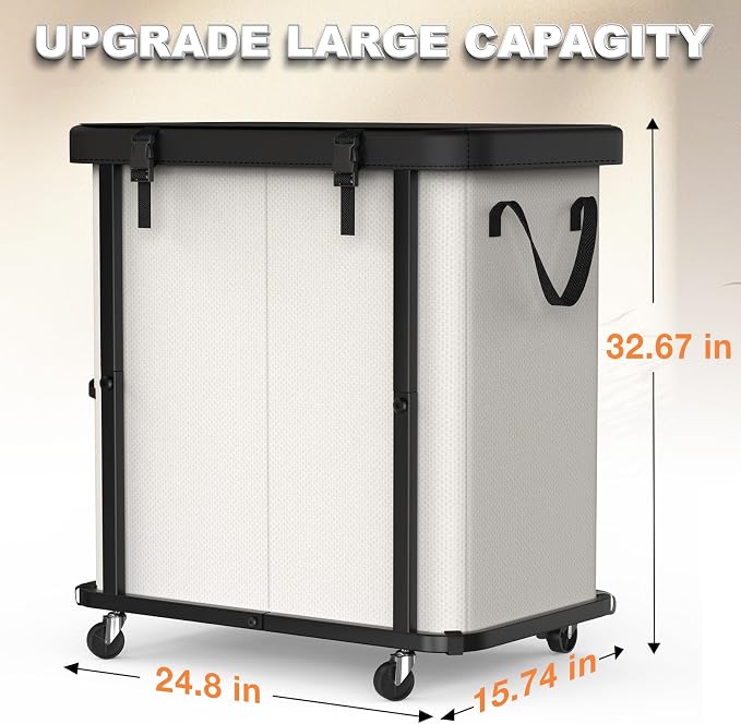Laundry Basket with Wheels,190L (50 Gal) Laundry Hamper 2 Setion - Beige | Leather Patchwork,Sturdy Metal Frame, Removable Washable Bag, Tall Clothes Sorter for Bedroom, Laundry Room - Image 6