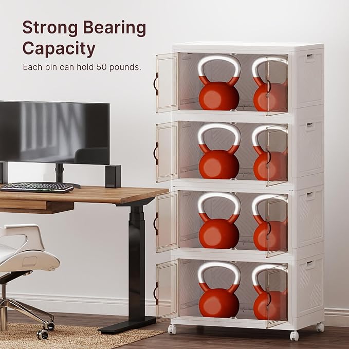 Stackable Storage Bins with Lids, 440QT Lockable Storage Cabinet | Closet Organizers, Foldable Storage Box with Doors and Wheels, Plastic Drawers for Home, Garage, Office (4, White, Plus) - Image 7