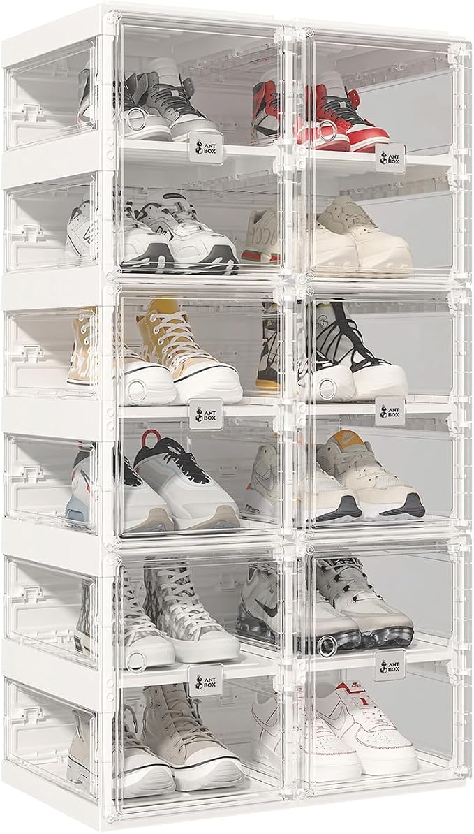 ANTBOX Foldable Shoe Rack,Shoe Organizers for Closet Plastic Shoe Storage Box Space Saving for Entryway, Large Sturdy Stackable Sneaker Cabinet Bins with Magnetic Clear Door 6 Tiers 12 Pairs by ANTBOX