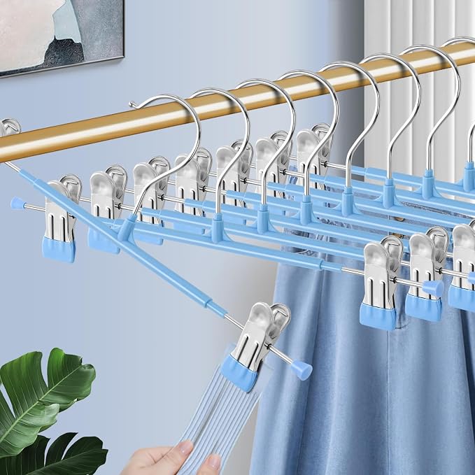 14 Inch Pants Hangers with Clips 10 Pack Skirt Hangers,Sky Blue | Non-Slip,Adjustable metal wide clips,Space-Saving,Heavy duty, for pants/skirt/dress/trousers/jeans/shorts/leggings,Women by HWAJANClothesOrganizer