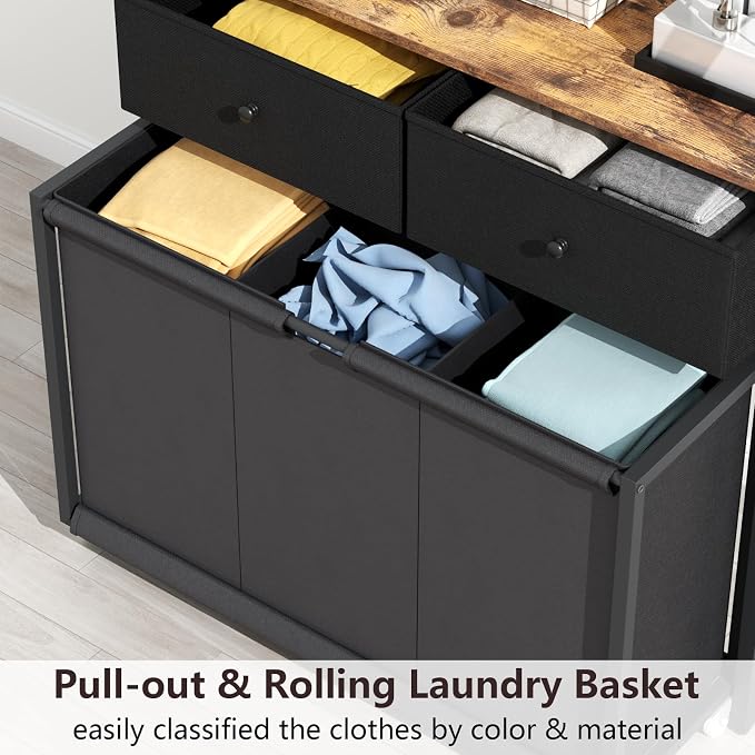 STIKELY Laundry Hamper Laundry Basket with 3 Section Pull-Out Rolling Bags & 2-Tier Storage Shelf, Laundry Sorter for Organization and Storage with 2 Drawers for Laundry Room, Bathroom - Image 5