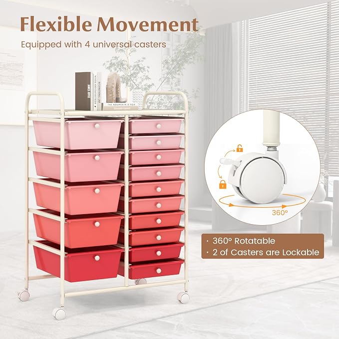 DREAMADE Rolling Cart with 15 Drawers, Rolling Drawer Organizer Cart w/Lockable Wheels, Removable & 2-Sized Storage Drawers, Art Cart for School Home Art Supplies Crafts File Scrapbook (Mixed Pink) - Image 6