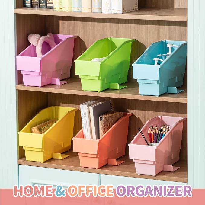 Geetery 12 Pack Non-Tip Book Bins with Stabilizer Wings Multicolor Plastic Storage Organizers Color Code Organization for Home Office Desktop Library Shelves Document Magazine File Holder (Pastel) - Image 5