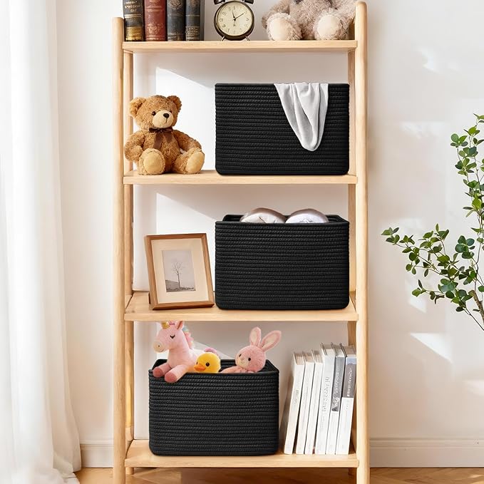 Storage Baskets for Organizing, 4 Pack Baskets for Shelves, Decorative Storage Bins for Shelves, Cotton Rope Storage Basket with Handles, Woven Basket for Storage, 13''Lx8.7''Wx7.9''H, Black - Image 2