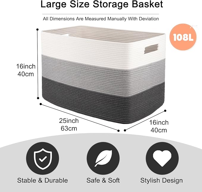OIAHOMY 108L Extra Large Blanket Basket Dog Toy Basket radient Dark Grey | Rectangle Woven Baskets for Storage Cotton Rope Basket For Living Room Toy Storage Blanket Storage Laundry Basket - Image 3