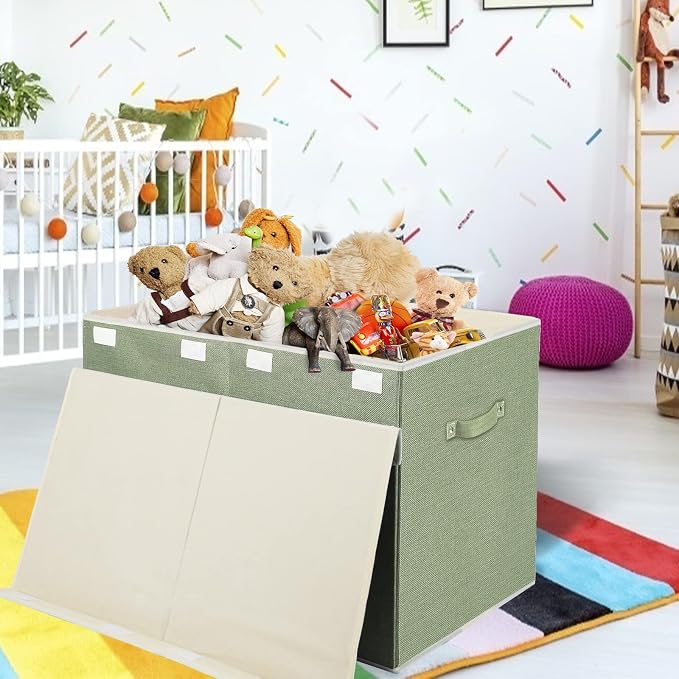 Large Toy Box Chest Storage with Lid, Collapsible Kids Toy Storage Box Bin | Toy Chest with Rivets Handles for Kids, Boys, Girls, Nursery, Playroom, Living Room, Bedroom, 25"x 13" x 16" (Linen Green) - Image 2