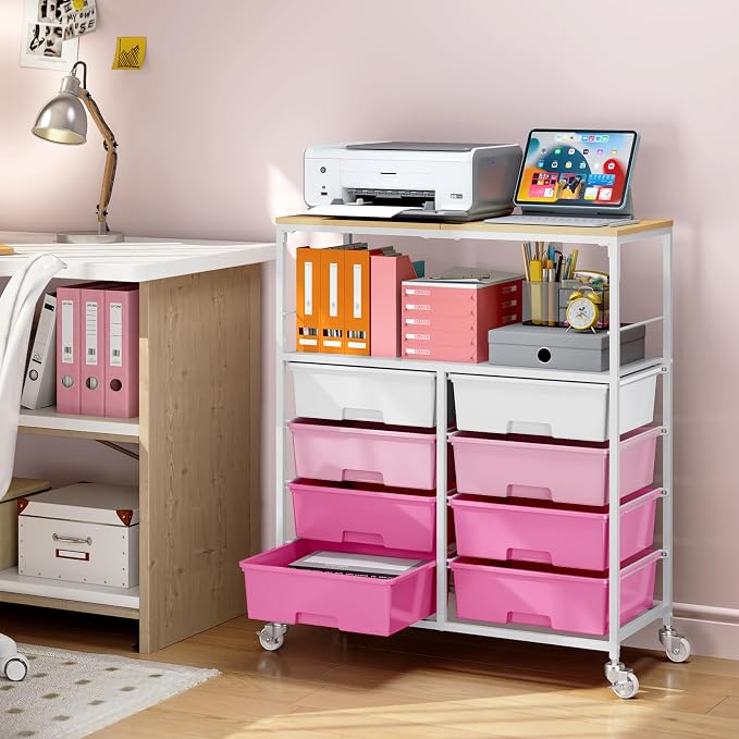 Rolling Storage Cart with 8 Large Drawers, Wooden Tabletop | Open Storage Shelves, Mobile Craft Organizer with Lockable Wheels for Home, Classroom, Office Supplies & Art Studio,Pink - Image 8