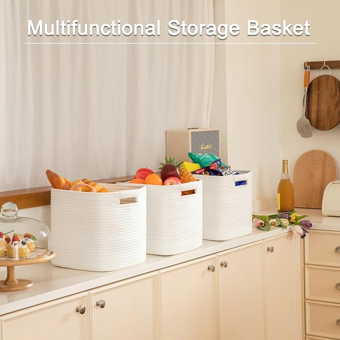 OIAHOMY Storage Cubes 11 Inch - 3 Pack, Cotton Rope Woven Baskets for Organizing, Square Storage Baskets for Shelves Organizer, Classroom, Kids Toy Bins, Closet, Baby Nursery-White - Image 6