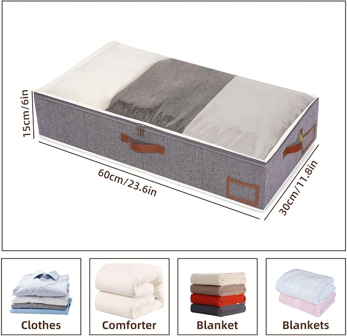 Yawinhe 27L Under Bed Storage,4 Pack Collapsible Container Bags,Grey | Blanket Storage Bags with Clear Window and Lids with 4 Leather Handles;Closet Organizers with Sorting Card Slot for Bedding - Image 5