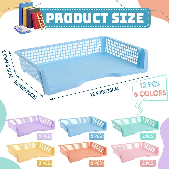 Teenyyou Set of 12 Colorful Turn in Trays Classroom Plastic Stackable Paper Tray Classroom Teachers Desk Organizer Bin for Office Home Teachers Organization and Storage,9 x 13 x 3 Inches(Morandi) - Image 2