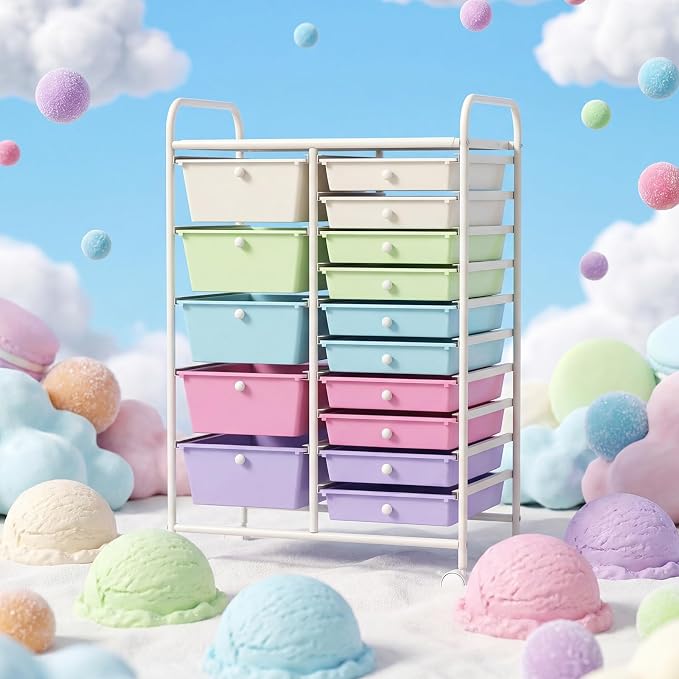 15 Drawer Rolling Storage Cart, Rolling Cart with Drawers for Classroom, Art Supply Craft Organizer on Wheel with Metal Frame & Handles for Home Office School (Ice cream color, 15 Drawer) by LDAILY