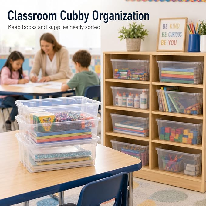 6 Pack Plastic Book Bins For Classroom Stackable Classroom Organizer with Handle Cubby Bins for School Library Office Home Nursery Playroom Organization(Clear) - Image 7