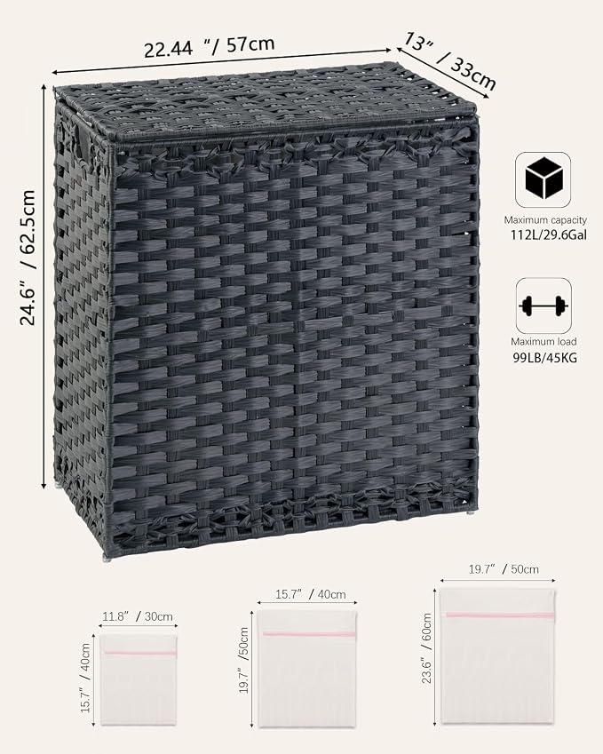 SETVSON Laundry Hamper with Lid Wicker Laundry Basket 112L, Black | Decorative PE Rattan Furniture Look for Bedroom, Large Sorting Hamper with Lid, 3 Liners, 6 Mesh Bags, Steel Frame - Image 5