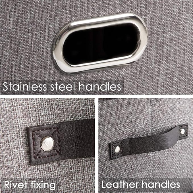 Larger Collapsible Storage Bins for Closet [3-pack] Decorative Linen Fabric Storage Baskets Cubes with Leather/Metal Handles for Living Room Cloth Grey and Black Trim (17.3x12.2x10.4 Inch) - Image 4