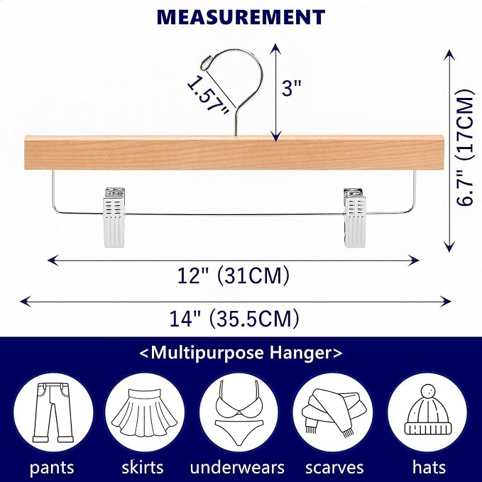 Amber Home 24 Pack Natural Wooden Pants Hangers with Adjustable Clips, 14" | Wood Skirt & Trouser Hangers, Closet Hangers for Bottom, Jeans, Slacks, Shorts - Image 2