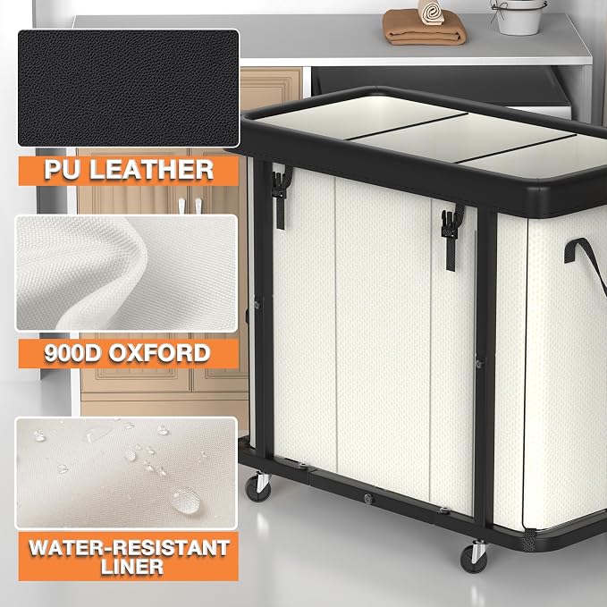 Laundry Basket with Wheels, 230L(60Gal) Laundry Sorter 3 Section - Beige | Leather Patchwork Laundry Hamper, Sturdy Metal Frame, Removable Washable Bag, Tall Clothes Sorter for Bedroom - Image 2