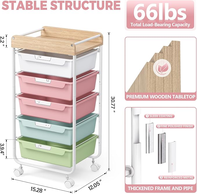 SYKIARIOL Rolling Storage Utility Cart with 5 Drawers,Colorful | Craft Cart with Wheels,Makeup Organizer,Art Supply And Storage Wooden Tabletop - Image 5