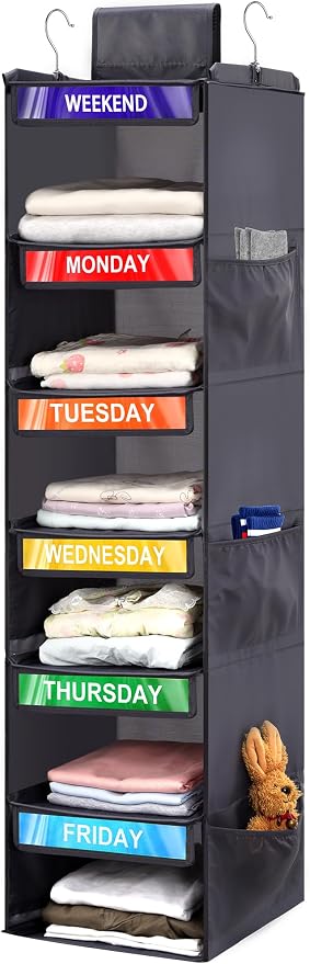 6-Shelf Weekly Clothes Organizer for Kids, Hanging Daily Closet Organization with 6 Side Pockets, Days of The Week Clothing Divider Storage for Boys and Girls (Grey) by Fivebop