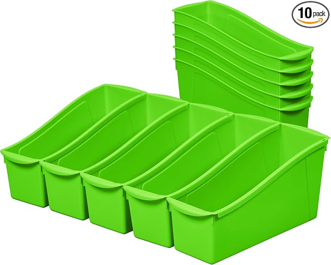 ECR4Kids Linking Plastic Storage Book Bin, Multipurpose Organization, Neon Green, 10-Piece | Durable plastic with built-in handles, interlocking, nestable, ideal for books, magazines, and files in a classroom or office by ECR4Kids