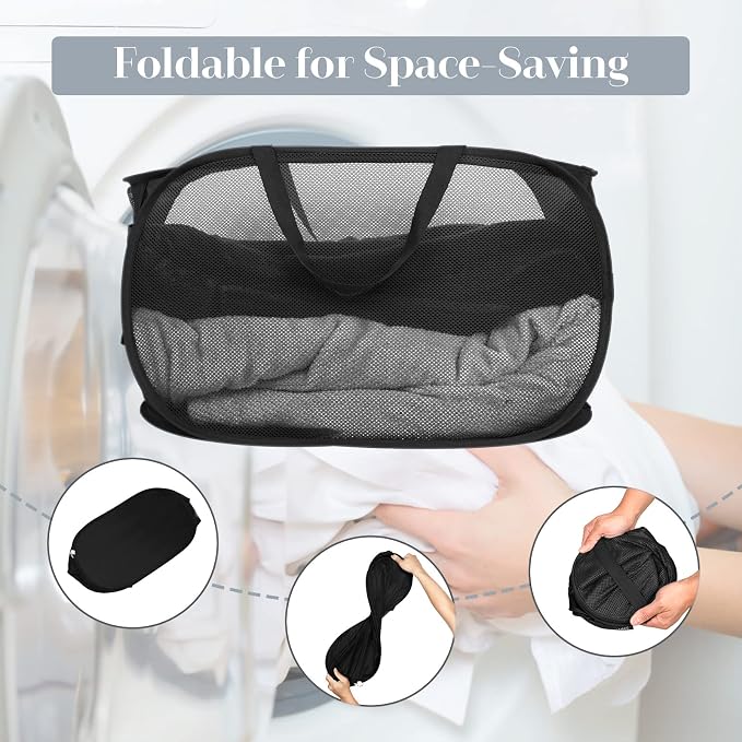 Durable Collapsible Laundry Baskets, Mesh Pop Up Laundry Hamper with Side Pocket, Foldable Clothes Hamper with Reinforced Carry Handles for Laundry, Bathroom, Kids Room, Dorm or Travel 2 Pack Black - Image 6