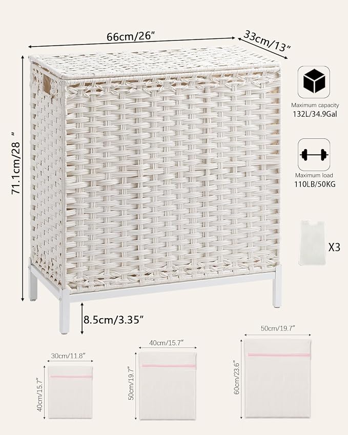SETVSON Laundry Hamper with Lid, Large 132L Rattan Basket, White | 3-Section Large 35 Gal Clothes Hamper, 3 Removable Bags, Heightened Metal Feet, 6 Mesh Laundry Bags, Steel Frame - Image 5