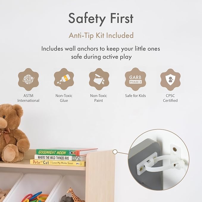 Humble Crew Kids Toy Storage Organizer with Bookshelf, 9 Bins, Solid Wood | Built in side bookshelf, removable bins, solid hardwood, compact 35 in wide, toddler friendly, for playrooms and nurseries - Image 7